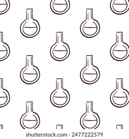 Chemistry flask seamless pattern in doodle style. Hand drawn design wallpaper for chemistry, laboratory, science, biotechnology. Vector illustration isolated on a white background.