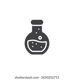 Chemistry flask solid vector icon. A glyph icon of a round-bottom flask with liquid. This icon symbol fits lab sign and science experiment symbol usage.