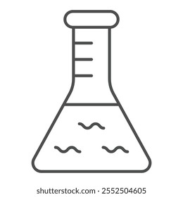 Frasco de química icono de línea delgada, concepto de regreso a la escuela. Gráficos de Vector. Signo de cristal del tarro en el fondo blanco, icono del estilo del contorno para el móvil o el Diseño web