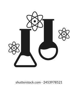 Chemistry flasks and atomic structure symbols. Science and research concept. Vector illustration. EPS 10.