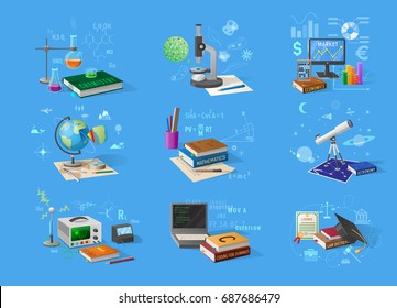 Máscaras de química, microscopio biológico, gráficos económicos, geo globo, libros sobre matemáticas y derecho, telescopio para astronomía, ilustraciones vectoriales de equipos tecnológicos.