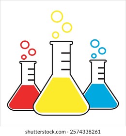 Chemistry Flasks in different colors depicting chemical reactions. Chemistry Flasks icon