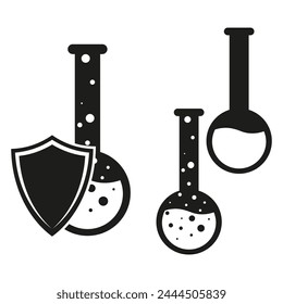 Chemistry flasks shielded. Bubbling liquid. Scientific research. Vector illustration. EPS 10.