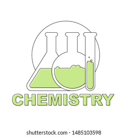Chemistry flasks with text: Chemistry. Flat and isolated. Green coloured line art. 