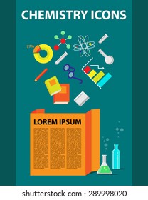 Chemistry flat icons collection. Infographics illustration. Medical methods, technology. Science flat illustration design with squared and round diagrams, formulas, glass bottles and text space.