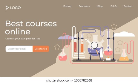 Chemistry flat tiny persons vector illustration landing page template design. Experimental medicine science or pharmacy discovery laboratory with physics test equipment. University knowledge learning.