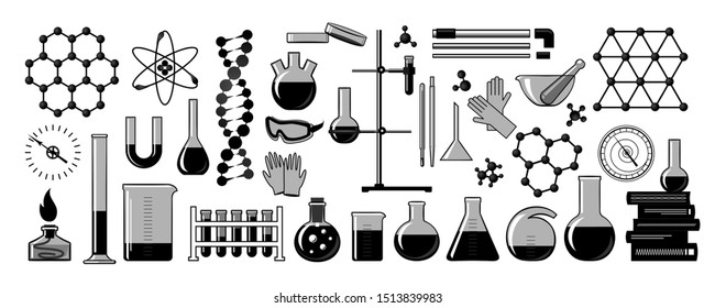 Chemistry. Formulas of chemical elements, molecules, instruments. Set for for your design - banners, posters, placards, brochures, flyers etc. Eps10 vector set.