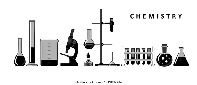 Chemistry. Formulas of chemical elements, molecules, instruments. Set for for your design - banners, posters, placards, brochures, flyers etc. Eps10 vector set.