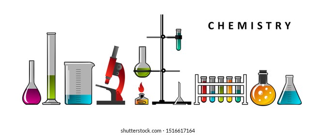 Chemistry. Formulas of chemical elements, molecules, instruments. Set for for your design - banners, posters, placards, brochures, flyers etc. Eps10 vector set.