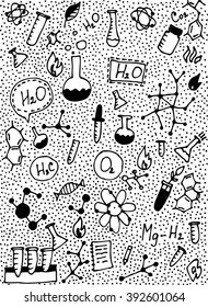 Chemistry formulas and flasks on white background. Vector illustration