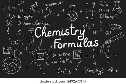 Chemistry formulas, science and education background. Chalkboard inscribed with scientific formulas and calculations in physics and mathematics. Retro vector illustration