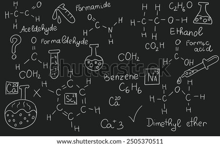 Chemistry formulas, science and education background. Chalkboard inscribed with scientific formulas and calculations in physics and mathematics. Retro vector illustration