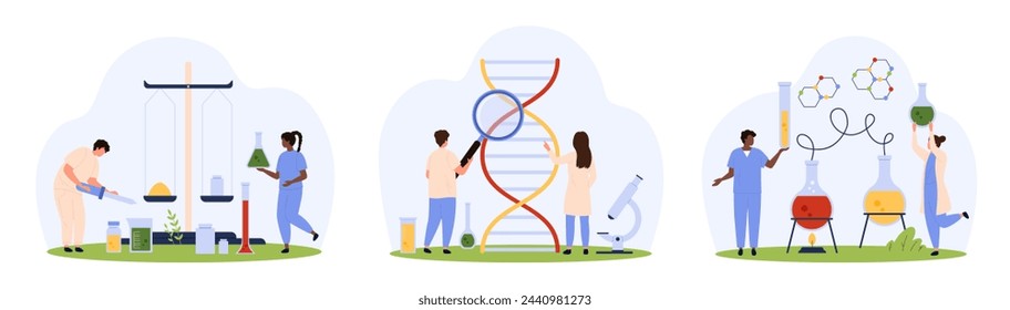 Chemistry and genetics laboratory research set. Tiny people weigh chemicals on scale, study DNA molecule with magnifying glass, heat flasks on burner for lab experiment cartoon vector illustration