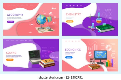 Chemistry and geography, coding discipline in school vector. Chemistry lessons and economics classes, financial research and analysis. Economy subject