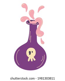 Chemistry glass bottle filled with a liquid potion. Love or death potion. Flask with magic potion. Design for Halloween. Flat cartoon vector illustration.