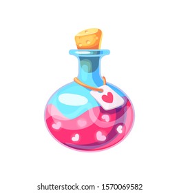 Chemistry glass bottle filled with a pink liquid potion in cartoon style. Love potion. Cute vector illustration on isolated background.