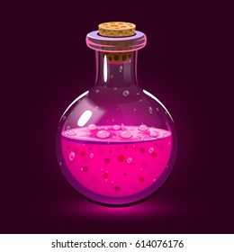 Chemistry glass bottle filled with a pink liquid potion. Love potion. Vector illustration