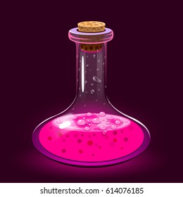 Chemistry glass bottle filled with a pink liquid potion. Love potion. Vector illustration