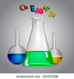 Chemistry. Glass flask with a chemical liquid. 