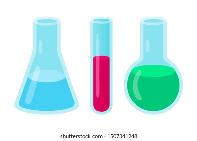 Chemistry glass flask collection. Flat beaker icon set, test tube with liquid isolated on white background. Chemical science symbol for web, banner, design, medicine business apps. Vector illustration