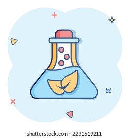 Chemistry glass icon in flat style. Lab flask with leaf vector illustration on white isolated background. Nature analysis sign business concept.