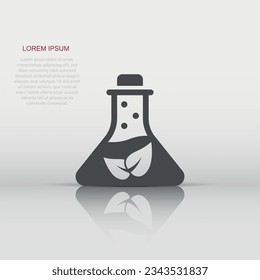 Chemistry glass icon in flat style. Lab flask with leaf vector illustration on white isolated background. Nature analysis sign business concept.