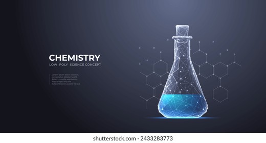 Chemistry glass lab flask with chemical blue liquid. Science beaker on chemical formula on dark background. Digital laboratory tube. Science and lab concept. 3D vector polygonal 3d illustration.