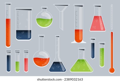 Chemistry glass. Laboratory glassware with test tube beaker flask pipette erlenmeyer flask, science instrument collection. Vector set. Equipment for scientist, medical or chemical experiments