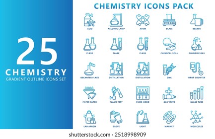 Conjunto de iconos de contorno de gradiente de química, contiene ácido, átomo, frasco, vaso de precipitados, destilación, molécula y más. Vector EPS 10. uso para UI, UX, desarrollo de App y Web. para la industria, educación, salud.