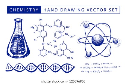 Chemistry hand drawing vector set illustration on white background