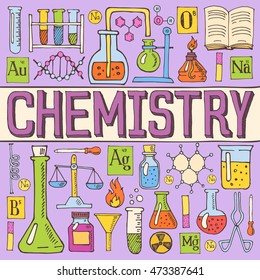 Chemistry hand drawn colorful vector illustration with doodle icons, chemical images and objects, isolated on background.