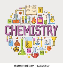 Chemistry hand drawn colorful vector illustration with doodle icons, chemical images and objects arranged in a circle.