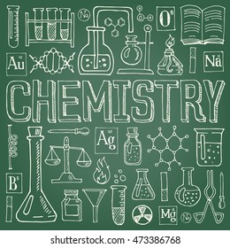 Chemistry hand drawn vector illustration with doodle icons, chemical images and objects, isolated on blackboard.