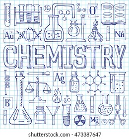 Chemistry hand drawn vector illustration with doodle icons, chemical images and objects, isolated on exercise book sheet.