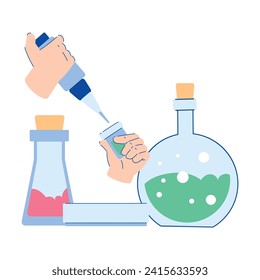 Chemistry with Hand Pouring and Mixing Substance in Glass Flask Vector Illustration