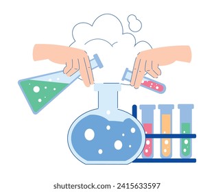 Chemistry with Hand Pouring and Mixing Substance in Glass Flask Vector Illustration