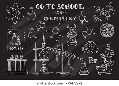 Chemistry. Hand sketches on the theme of Chemistry. Chalkboard. Vector illustration.