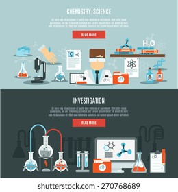 Banner horizontal de química con elementos planos de investigación y ciencia aislados ilustraciones vectoriales