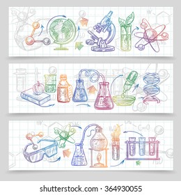 Chemistry horizontal sketch banners set with microscope and glasses isolated vector illustration 