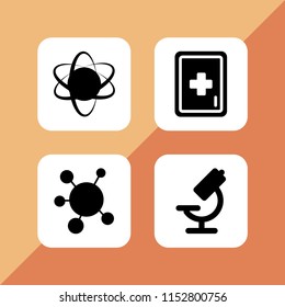 chemistry icon. 4 chemistry set with atom, first aid kit, microscope and molecule unions vector icons for web and mobile app