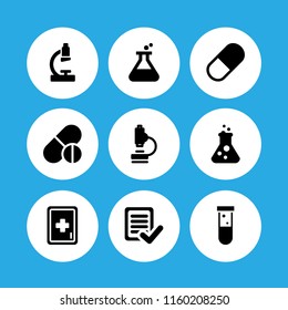 chemistry icon. 9 chemistry set with first aid kit, test tube, drug and test vector icons for web and mobile app