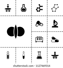 Chemistry icon. collection of 13 chemistry filled icons such as pill, medical ampoule, test tube, atom fusion, microscope. editable chemistry icons for web and mobile.