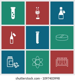 Chemistry icon. collection of 9 chemistry filled and outline icons such as test tube, ampoule, medicine, atom. editable chemistry icons for web and mobile.