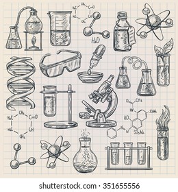 Icono de química en forma de doodle con estructura de dna de quemador y fórmulas de sustancias orgánicas ilustraciones vectoriales aisladas 