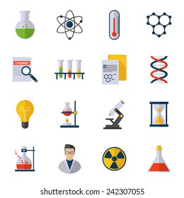 Chemistry icon flat set with scientist atom molecule dna isolated vector illustration