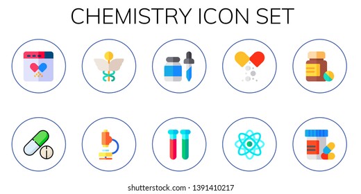 chemistry icon set. 10 flat chemistry icons.  Simple modern icons about  - drug, drugs, caduceus, microscope, pipette, test tubes, medicine, physics, pills, vitamins