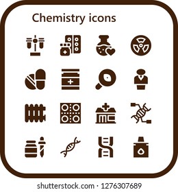  chemistry icon set. 16 filled chemistry icons. Simple modern icons about  - Test tube, Medicine, Love potion, Radioactive, Pills, Drug, Research, Chemist, Radiator, Pharmacy