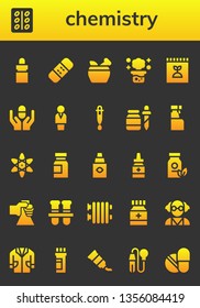 chemistry icon set. 26 filled chemistry icons.  Simple modern icons about  - Eye dropper, Pill, Bandage, Mortar, Chemical reaction, Fertilizer, Chemist, Dropper, Pipette, Cleaning spray