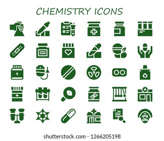  chemistry icon set. 30 filled chemistry icons. Simple modern icons about  - Flask, Eyedropper, Science, Medicine, Test tube, Bandage, Drug, Pipette, Pill, Protein, Dropper, Radioactive
