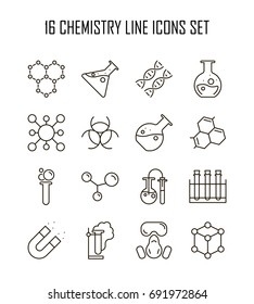 Chemistry Icon Set. Collection Of Science Silhouette Icons. 16 High Quality Logo Of Laboratory On White Background. Pack Of Symbols For Design Website, Mobile App, Printed Material, Etc.